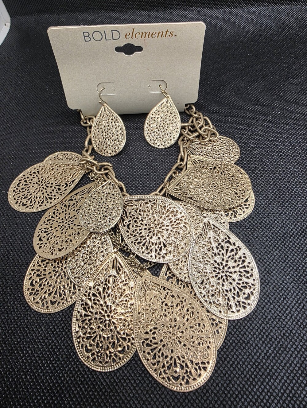 BOLD elements Gold Filigree Teardrop Statement Necklace and Earrings